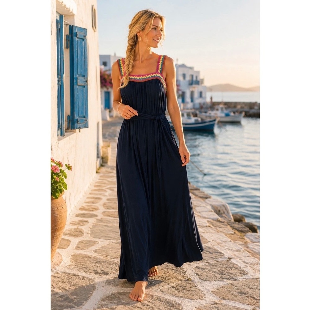 Boden Navy Blue Rainbow Crochet Trim Maxi Dress US 16/18 R NWT